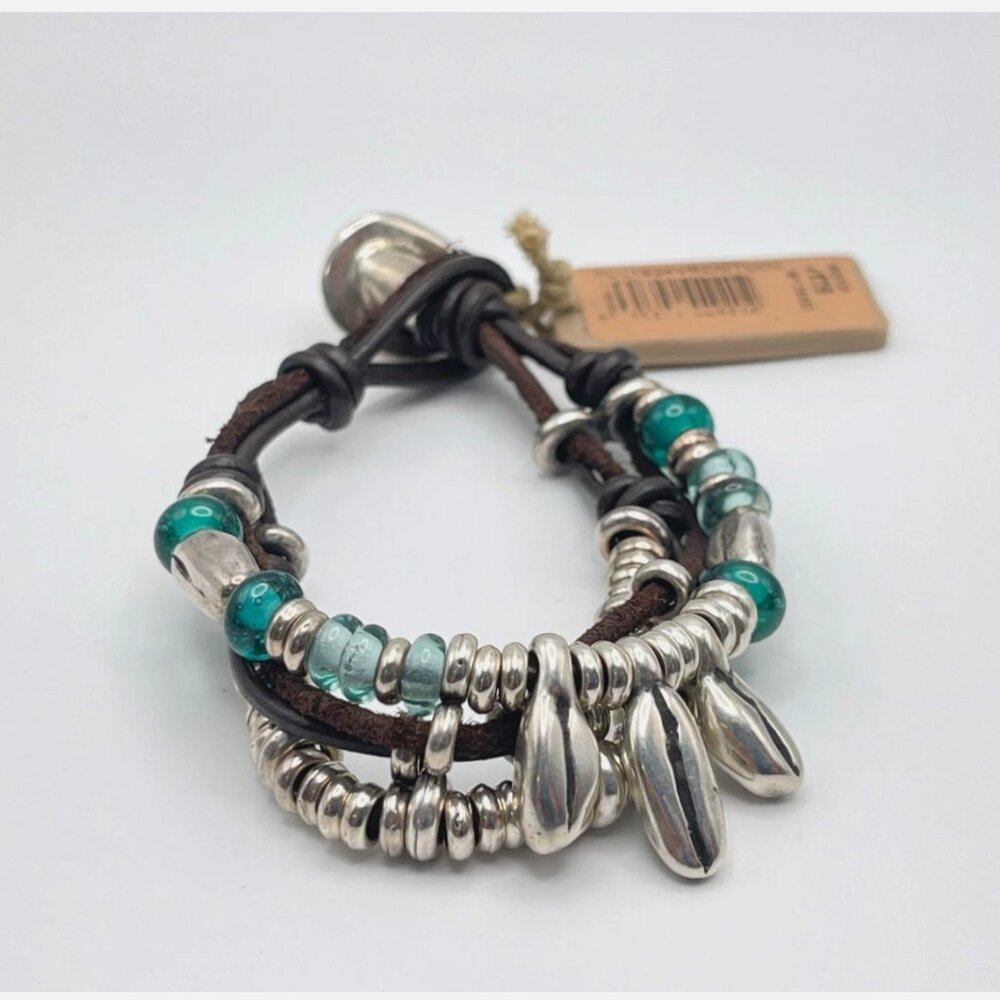 NWT UNO de 50 Bracelet Brown Multi Leather Strands Silver Beaded Blue Glass SZ S
